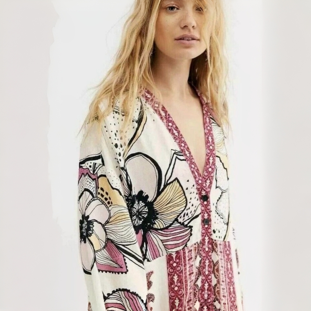 Free People Kimono Boho Maxi Top Beach Cover Up Oversized S Resort Floral Dress - Picture 16 of 16
